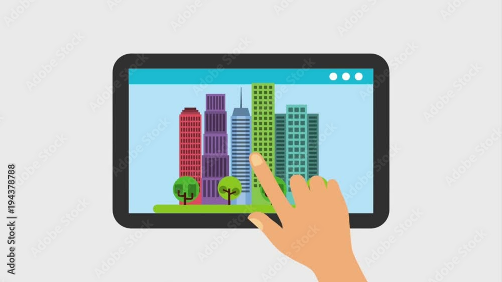 hand touch screen device gps navigation map and city tree animation hand touch screen device gps navigation map and city tree animation
