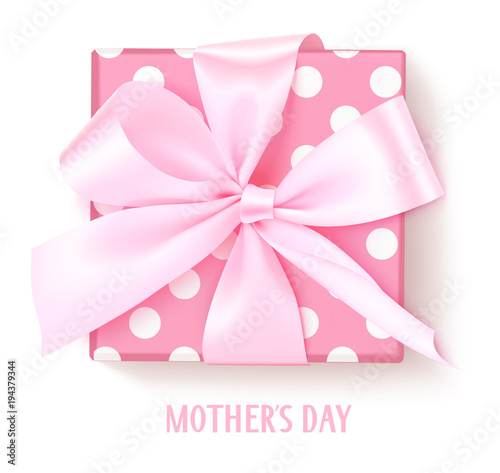 Vector gift box with pink bow isolated on white. Holiday decoration for Mother's Day decor.
