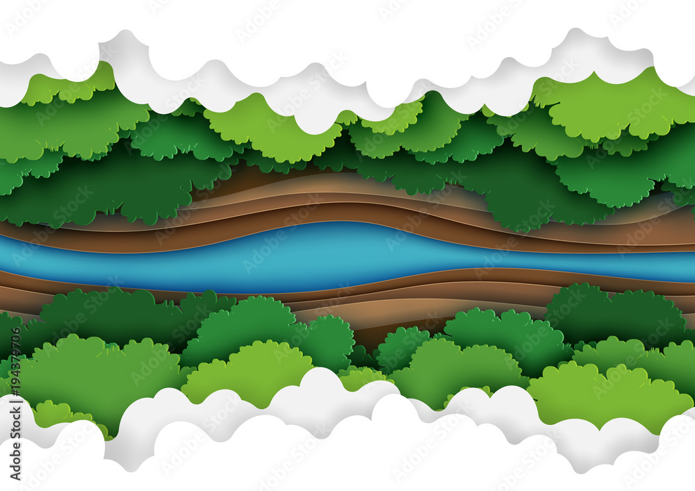 Naklejka premium Widok z góry na tle baldachimu zielonego lasu, rzeki i chmur. Koncepcja kreatywnych pomysłów ochrony przyrody i środowiska stylu sztuki papieru. Ilustracja wektorowa.