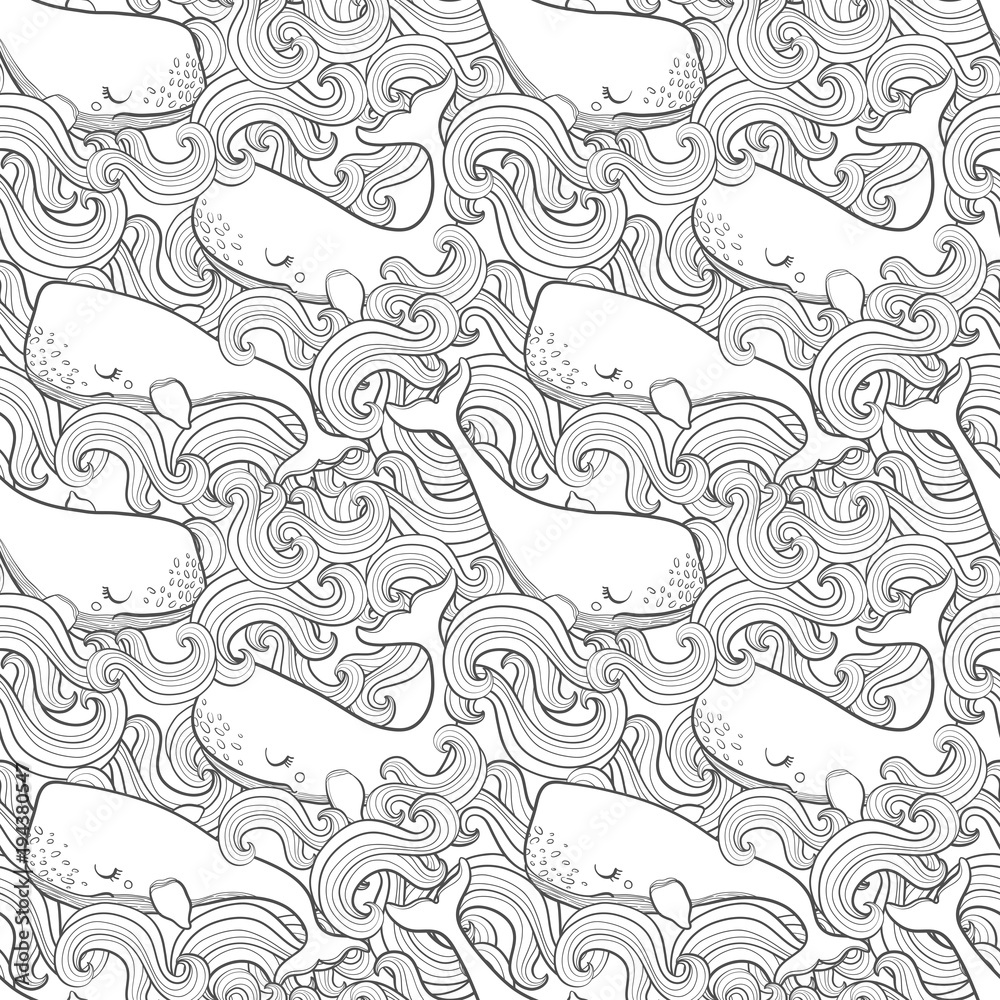 Graphic whales flying in the sky. Sea and ocean creatures. Vector fantasy seamless pattern. Coloring book page design for adults and kids