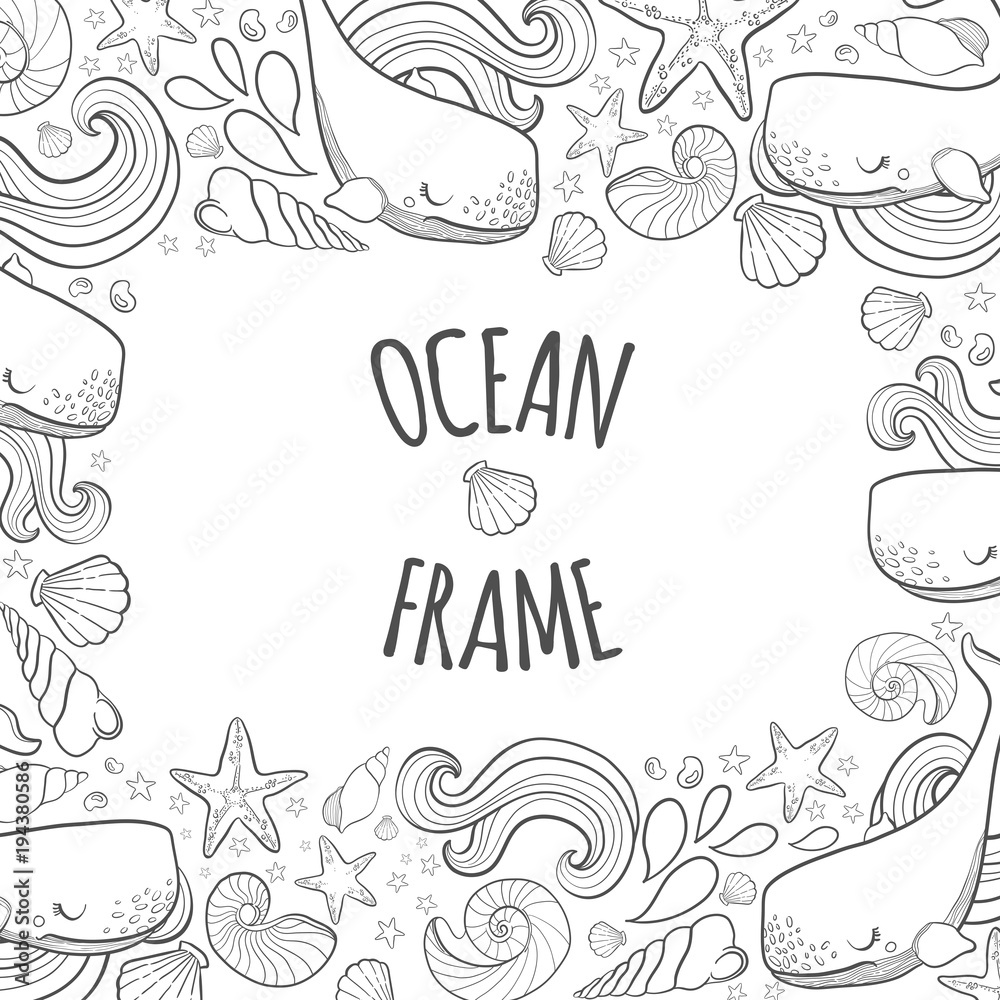 Graphic frame whales flying in the sky. Sea and ocean creatures. Coloring book page design for adults and kids Graphic frame whales flying in the sky. Sea and ocean creatures. Coloring book page design for adults and kids