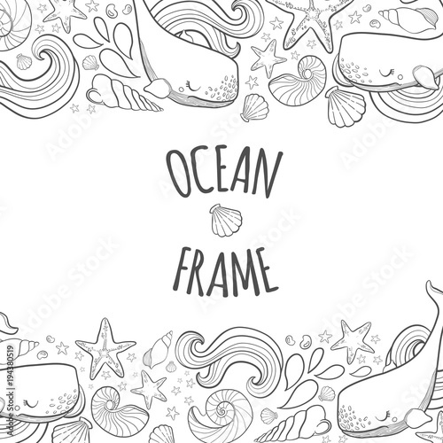 Graphic frame whales flying in the sky. Sea and ocean creatures. Coloring book page design for adults and kids