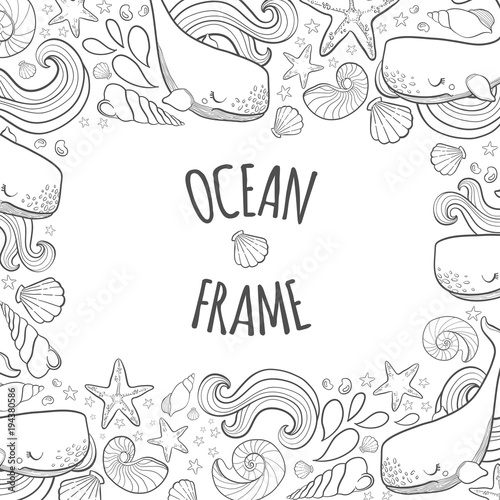 Graphic frame whales flying in the sky. Sea and ocean creatures. Coloring book page design for adults and kids
