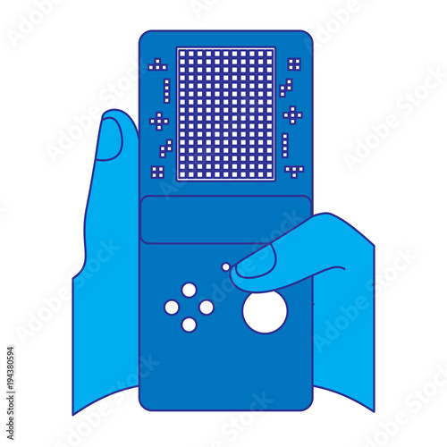 gamer hand holding console with tetris game on screen vector illustration blue design
