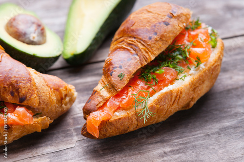 Croissants with salmon and cheese, avacado 