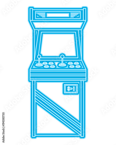 vintage arcade game machine with joysticks and buttons vector illustration blue neon line design