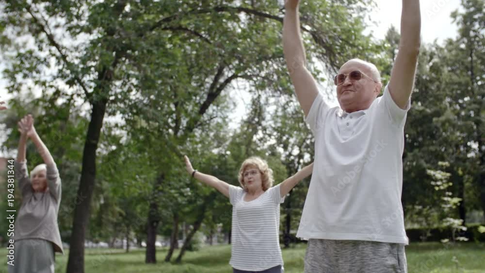 Tracking shot of group of seniors in park raising their arms up and doing stretching and breathing exercises Tracking shot of group of seniors in park raising their arms up and doing stretching and breathing exercises