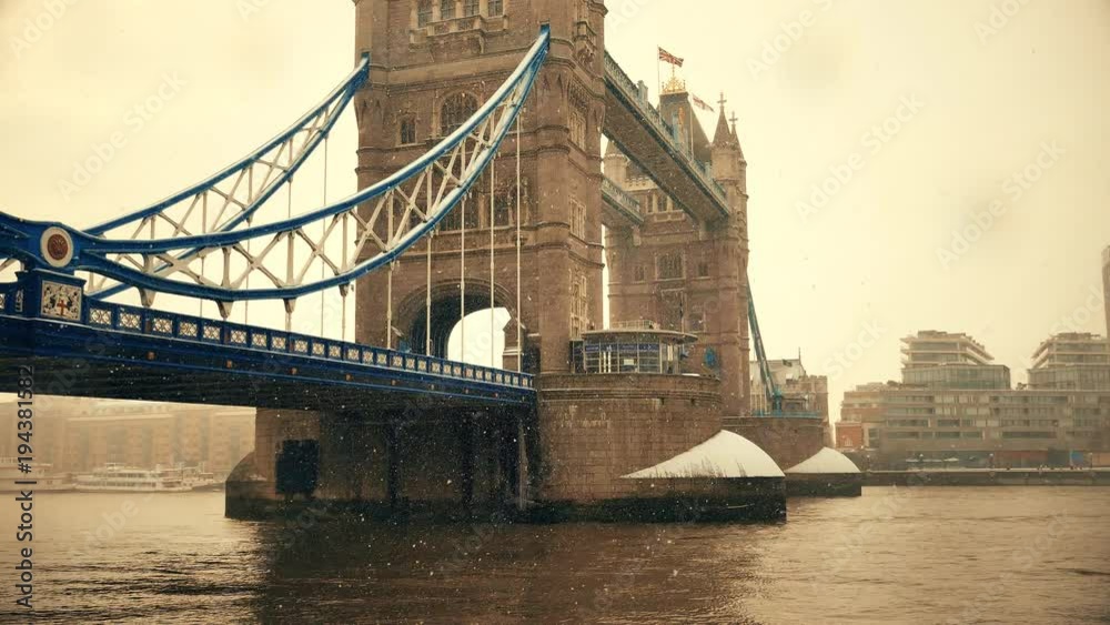 Snowfall. View of the Tower Bridge. London.