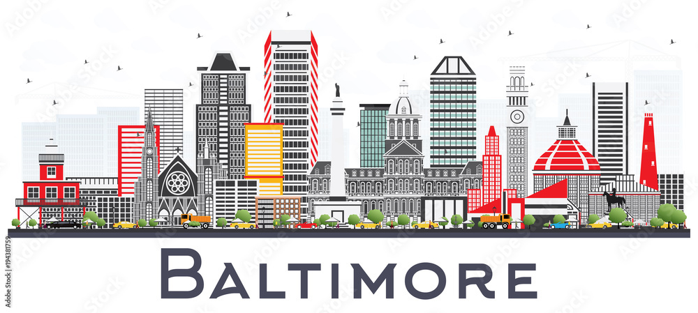 Baltimore Maryland City Skyline with Gray Buildings Isolated on White.