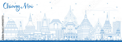 Outline Chiang Mai Thailand City Skyline with Blue Buildings.