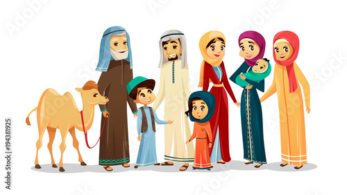 Vector cartoon arab family characters set. Happy saudi, emirates muslim senior man holding camel woman parent father sister mother holding infant baby, teen boy girl kid national clothing hijab People