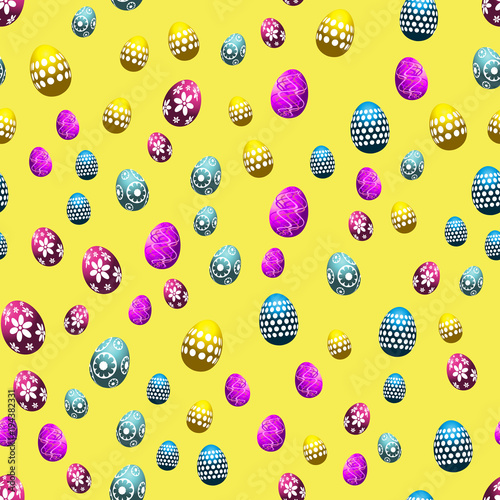 Seamless Easter pattern with eggs on yellow background. Vector.