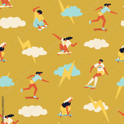 Skateboarding seamless pattern in vector