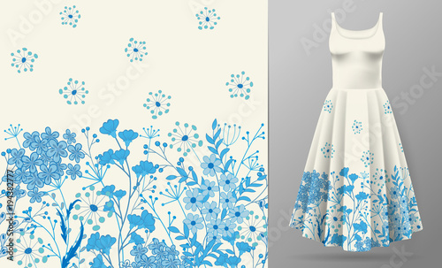 Cute pattern in small simple flowers. Seamless background and seamless border. An example of the pattern of the dress mock up. Vector illustration. Blue on white.