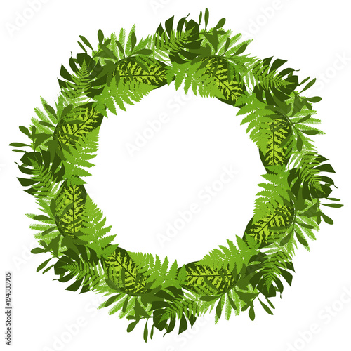 Green circle frame with tropical leaves. Vector illustration