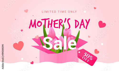 Mother's Day Sale Template vector illustration, Hearts with Pink Tulips in gift box.