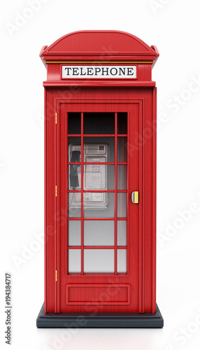 Red British phone booth isolated on white background. 3D illustration