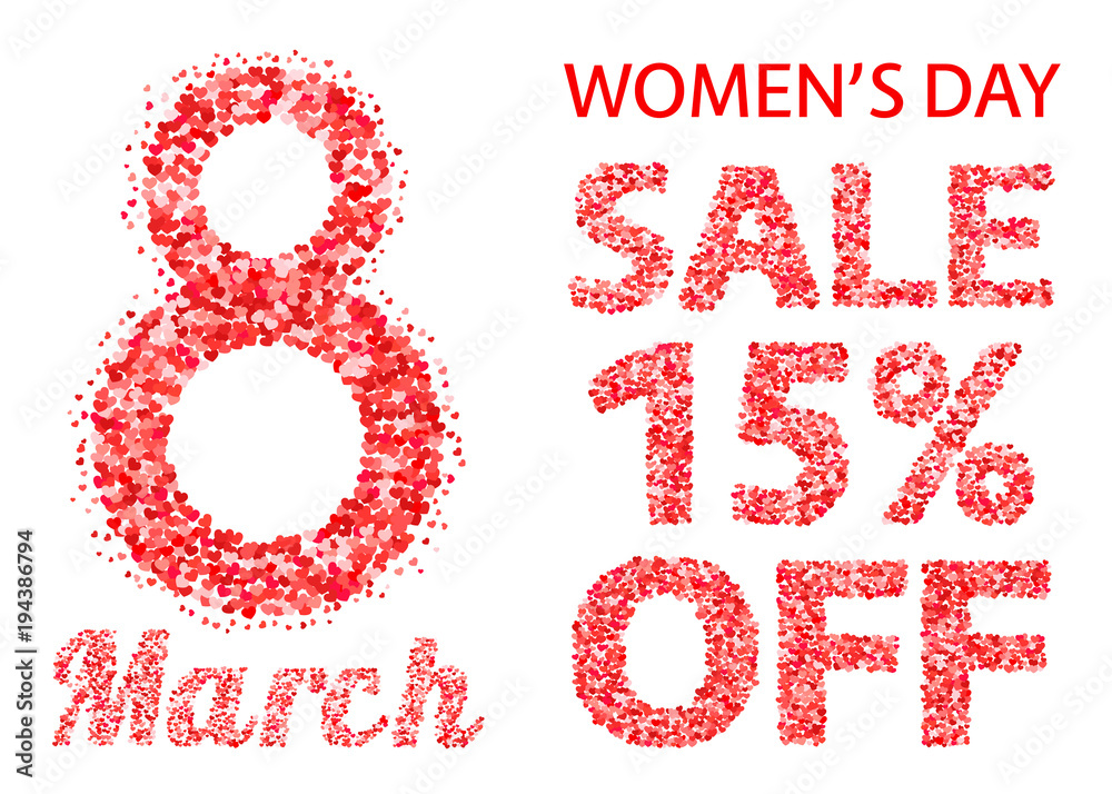 International Women's Day sale banner with letters and numbers of scattered hearts confetti. March 8 vector illustration isolated on white background. Easy to edit design template. International Women's Day sale banner with letters and numbers of scattered hearts confetti. March 8 vector illustration isolated on white background. Easy to edit design template.