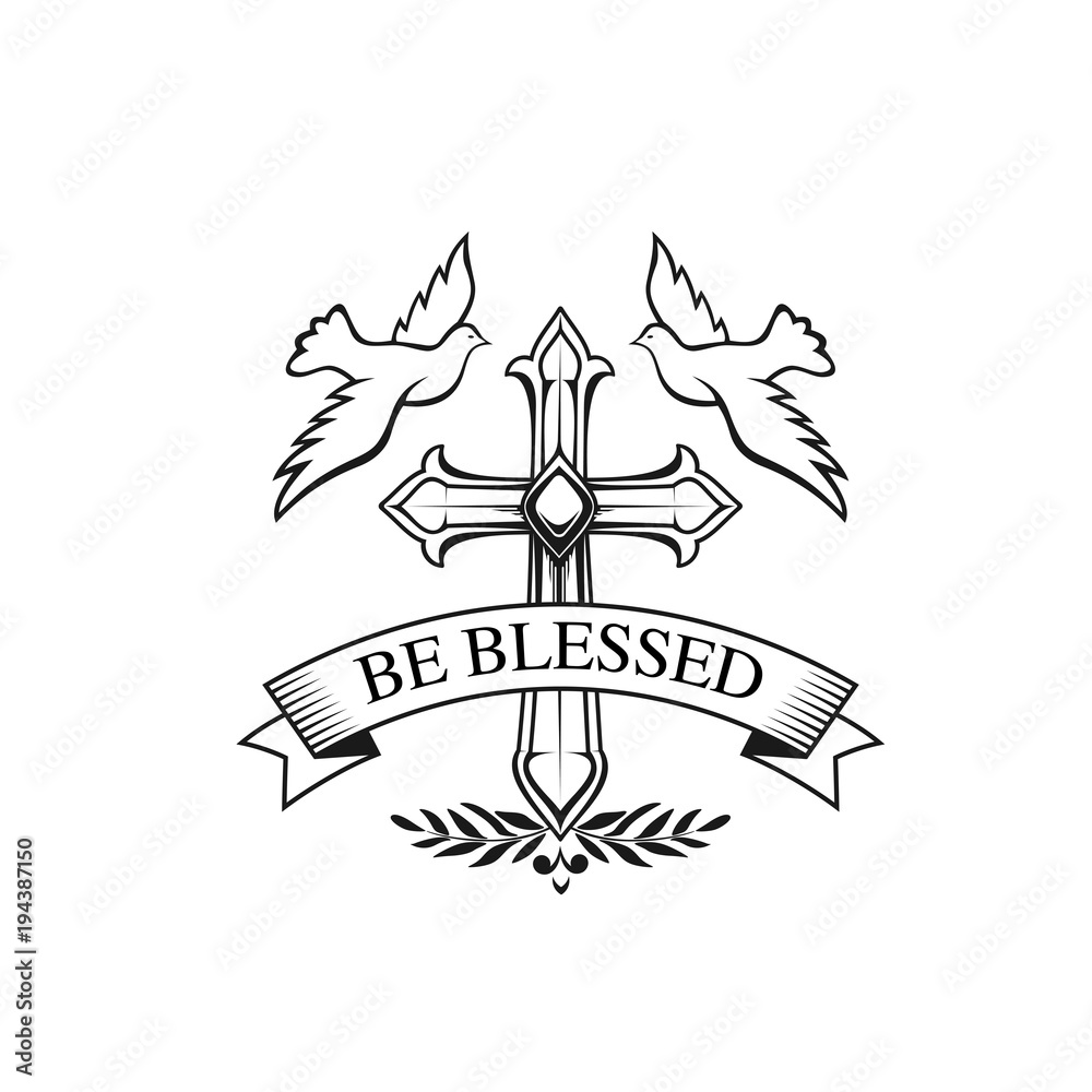 Obraz premium Happy Easter vector cross, doves and laurel icon