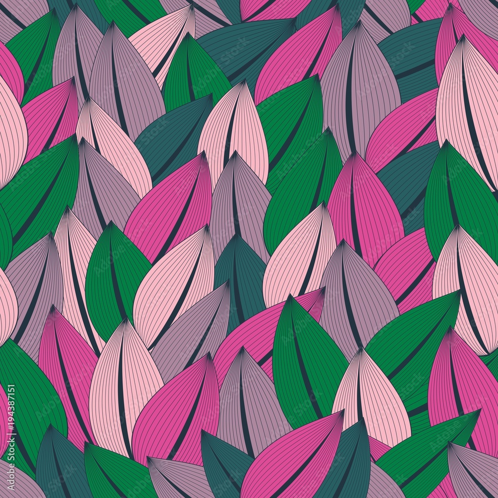 Beautiful fashionable seamless pattern of abstract colorful leaves in a trendy palette.