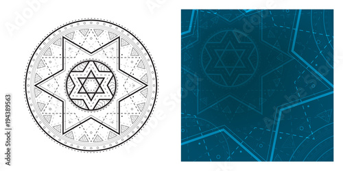 Geometric mandala with Star of David in center and colorful square template. Round pattern for coloring book.