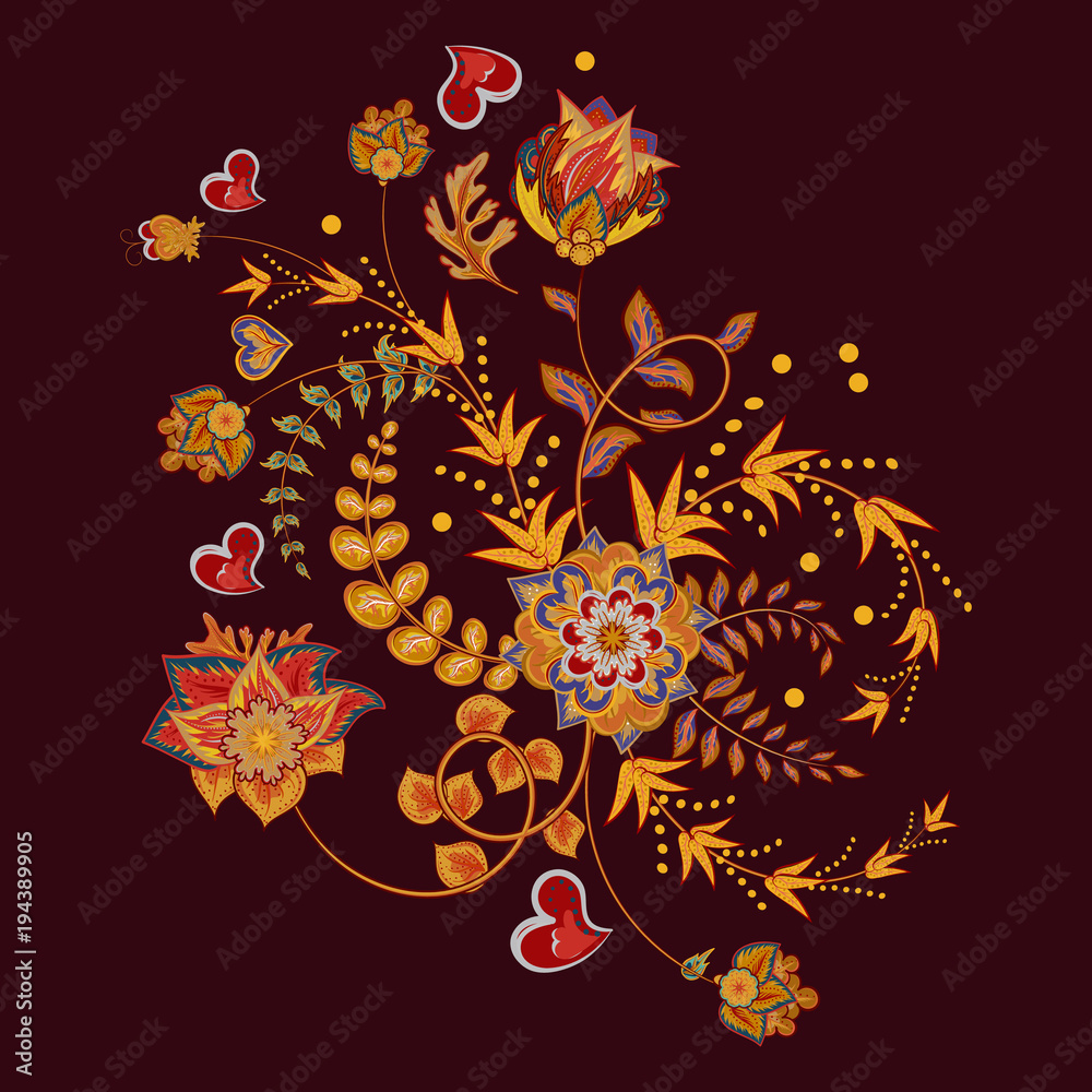 Naklejka Stock vector abstract hand draw flower. Doodle bouquet. Vector oriental or arabic, russia art background. Hot colors embroidery