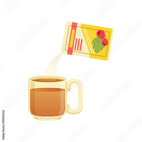 Medical powder packaging and cup of water, cold remedy vector Illustration on a white background