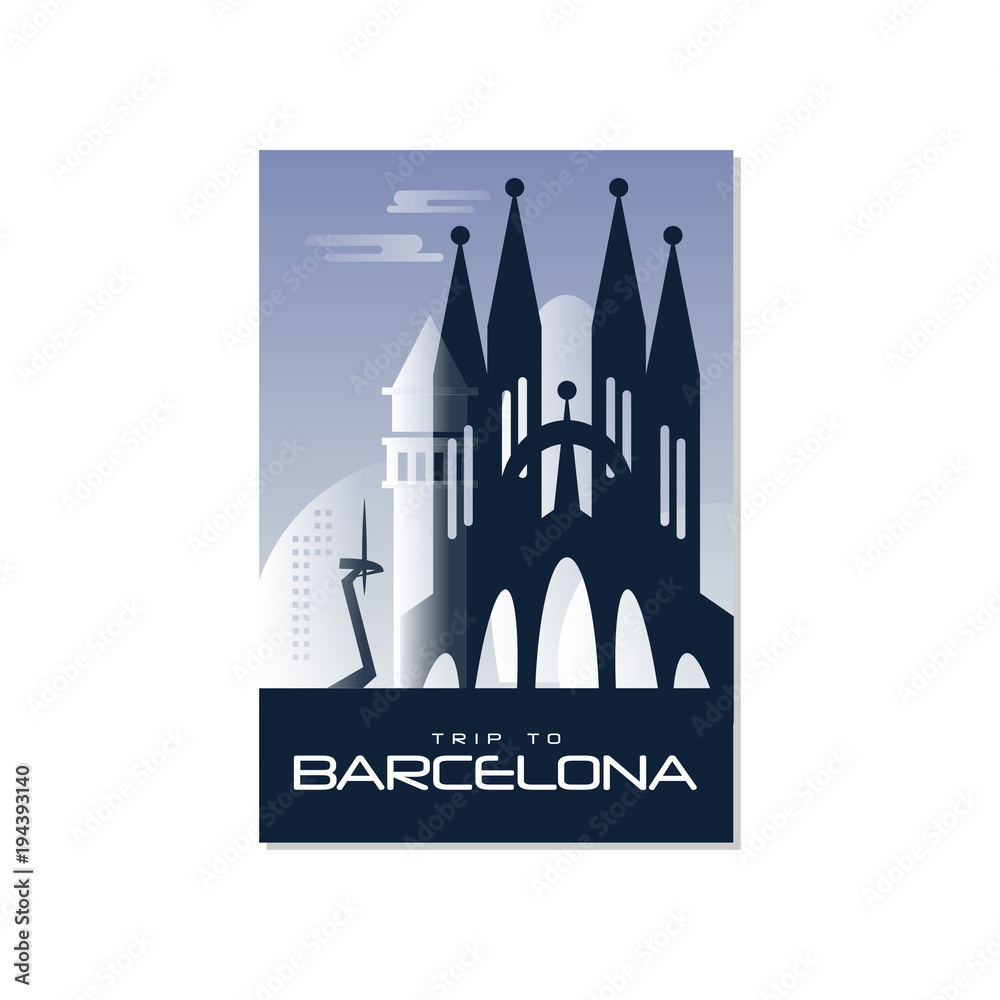 Trip to Barselona, travel poster template, touristic greeting card, vector Illustration for magazine, presentation, banner, book cover