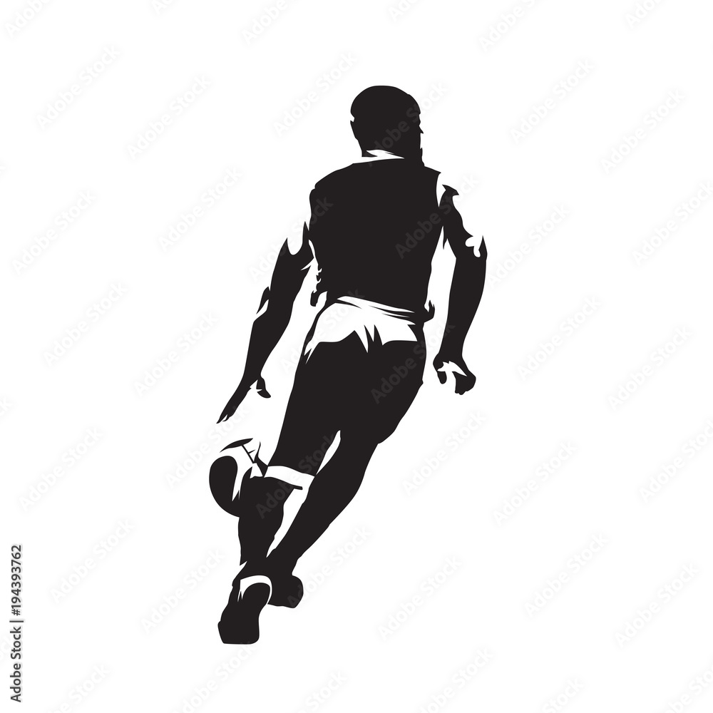 Basketball player running with ball, drawing from behind, isolated vector silhouette
