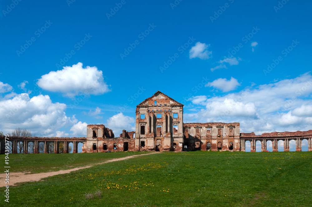 Ruins of Ruzhany Palace in Belarus on a summer sunny day.