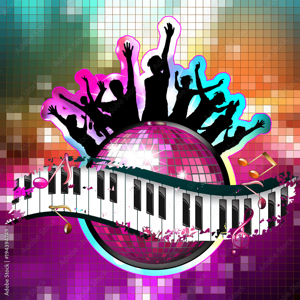 Piano keys with dancing silhouettes and disco ball Stock Vector | Adobe  Stock
