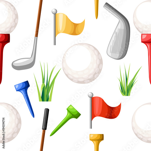 Seamless pattern of golf balls on different color tee and various golf clubs green grass golf course vector illustration isolated on white background web site page and mobile app design