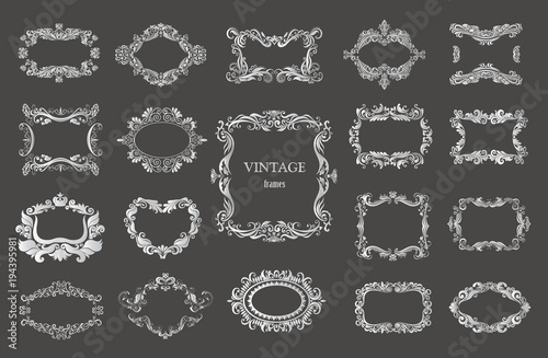 Set of silver vintage floral frames and monograms.