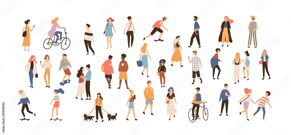 Crowd of people performing summer outdoor activities - walking dogs, riding bicycle, skateboarding. Group of male and female flat cartoon characters isolated on white background. Vector illustration.