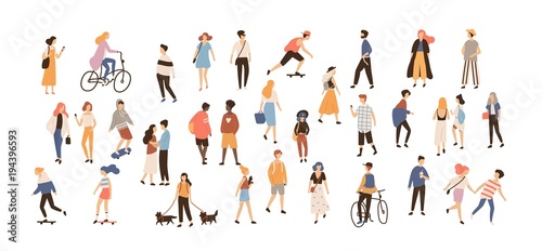 Crowd of people performing summer outdoor activities - walking dogs, riding bicycle, skateboarding. Group of male and female flat cartoon characters isolated on white background. Vector illustration. photo