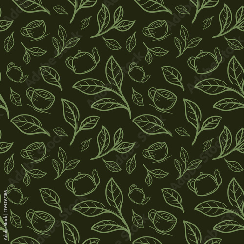 tea leaf with cup seamless pattern