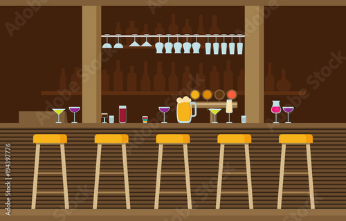Bar counter with stools and alcohol drink on shelves flat vector illustration