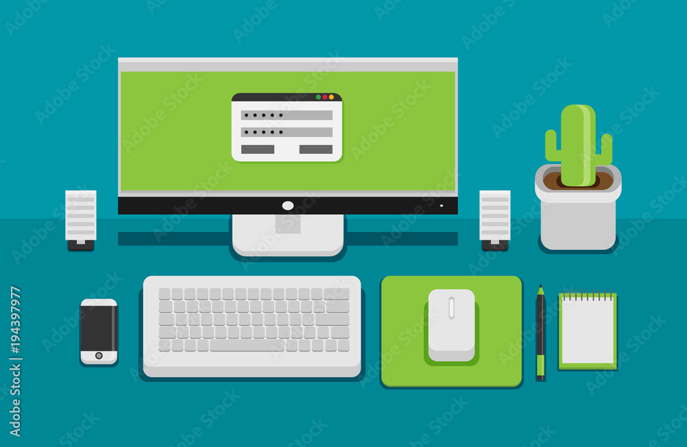 Office desk flat mock up template with flat stylish icons Office desk flat mock up template with flat stylish icons