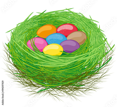 Grünes Oster Nest mit vielen bunten Eiern 