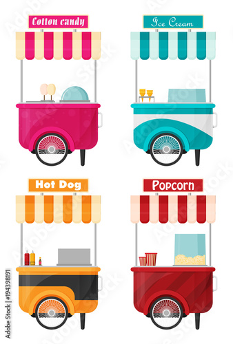 Carts set retail, kiosk on wheels flat vector