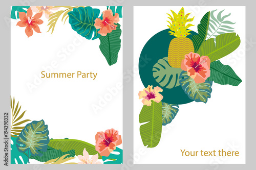 Set of cards with tropical plants. Palm and banana leaves, fruits, flowers. 