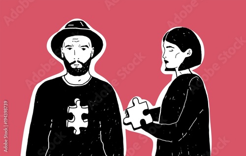Young sad woman holding jigsaw puzzle piece and man in hat with notch of different shape in his chest. Concept of unrequited, one-sided or rejected love. Modern hand drawn vector illustration.