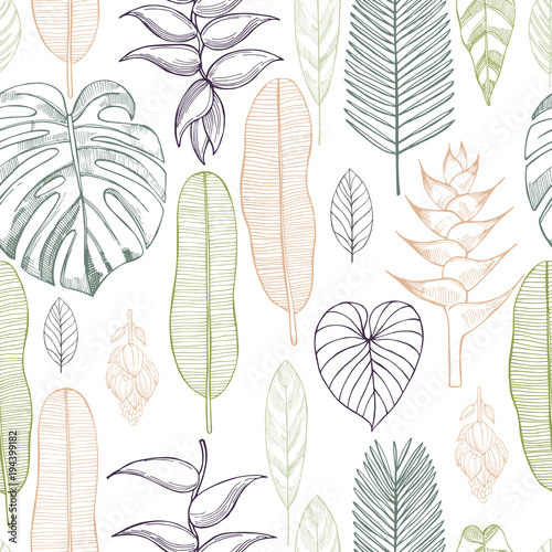 Hand drawn tropical plants. Leaves and flowers.Vector seamless pattern