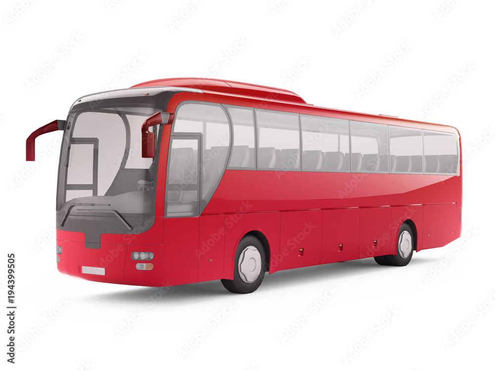 Red big tour bus isolated on a white background. 3D rendering