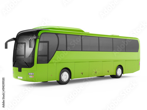 Green big tour bus isolated on a white background. 3D rendering