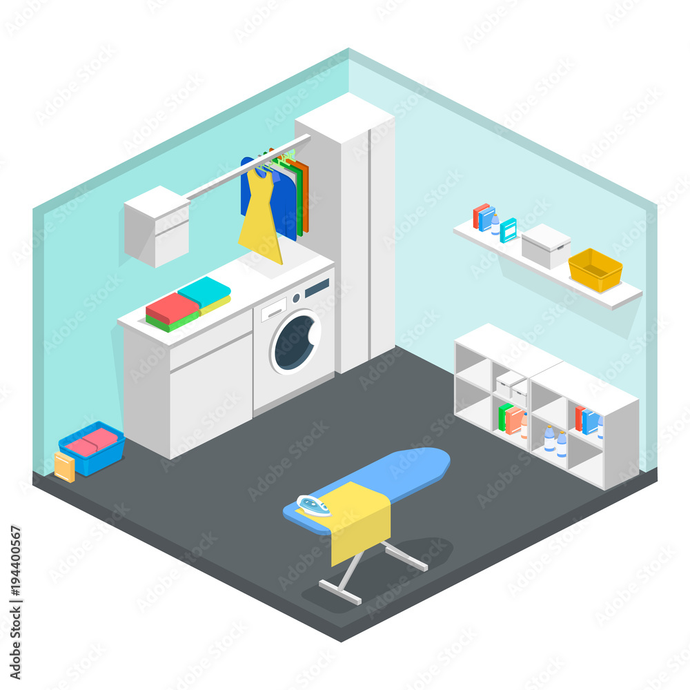Laundry or cleaning room with washing machine and iron isometric 3D vector illustration Laundry or cleaning room with washing machine and iron isometric 3D vector illustration