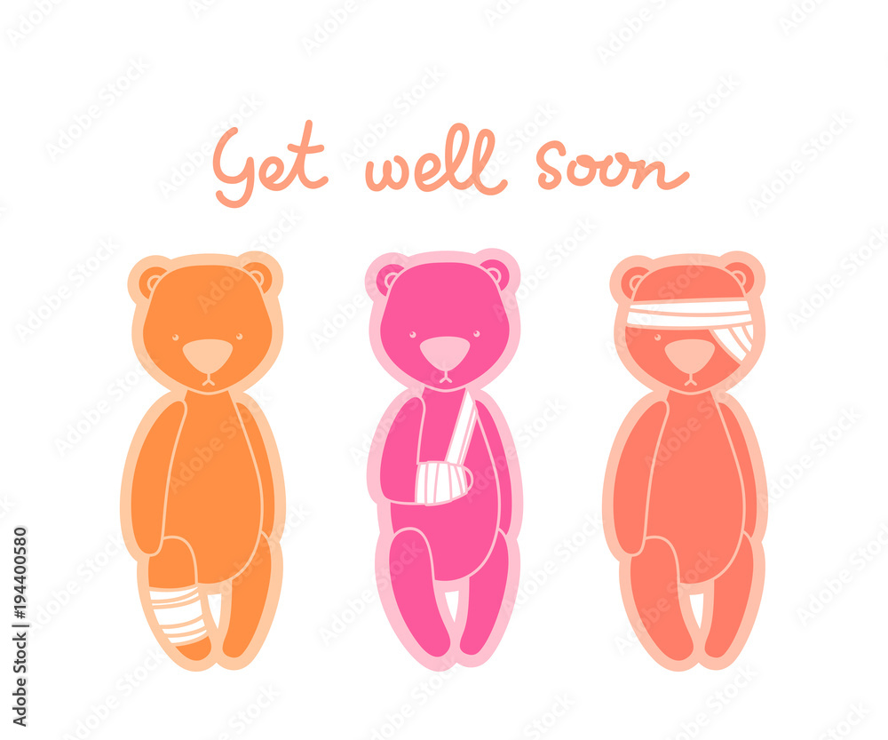 Obraz premium Teddy bears with bandaged head, arm and leg