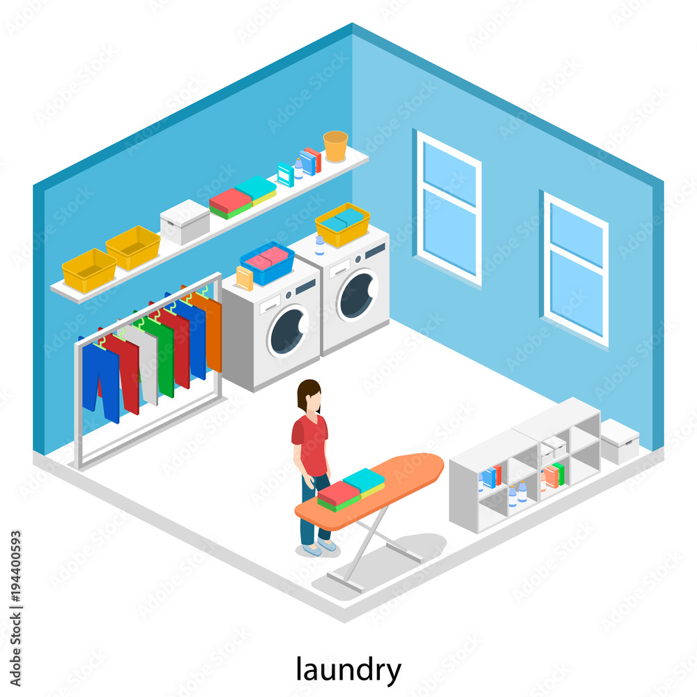 Laundry or cleaning room with washing machine and iron isometric 3D vector illustration