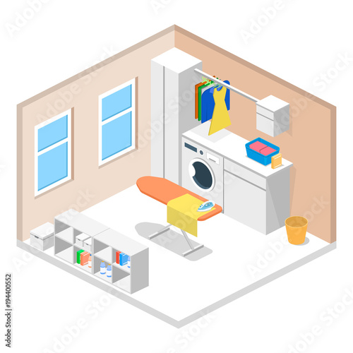 Laundry or cleaning room with washing machine and iron isometric 3D vector illustration