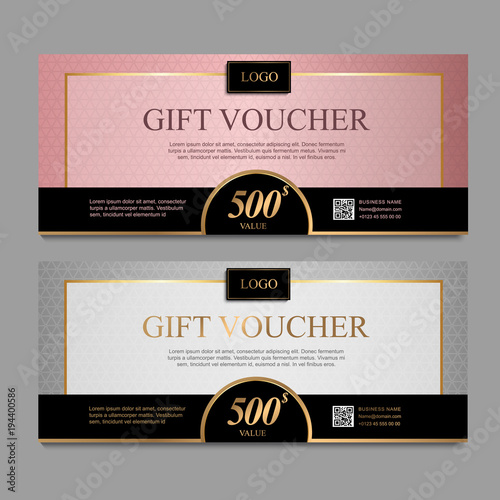 Voucher template with pink and gray certificate. Background design coupon, invitation, currency. Set of stylish gift voucher pink gold and gray pattern. gift card, coupon.Isolated from the background.